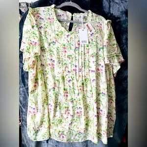 NWT~Rose & Olive Sheer Floral Blouse, Flowy S/S, Ruffled Collar, Pin Tucks Front